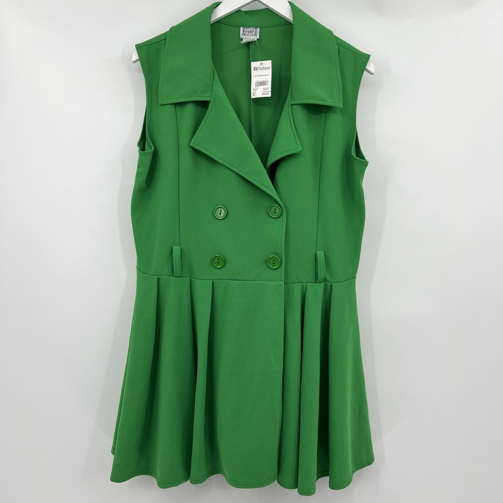 Vamp Deadstock Y2K 90s Women's XL Vintage Green Sleeveless Mini Skater Dress NWT - Picture 2 of 9